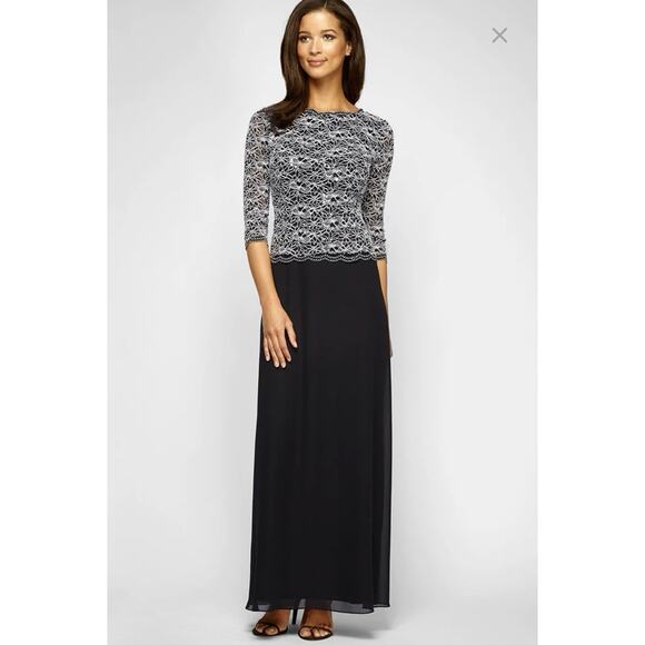 Alex Evenings Lace Chiffon Scalloped Hem A-Line Gown Size 8 Black NWT - Picture 1 of 9